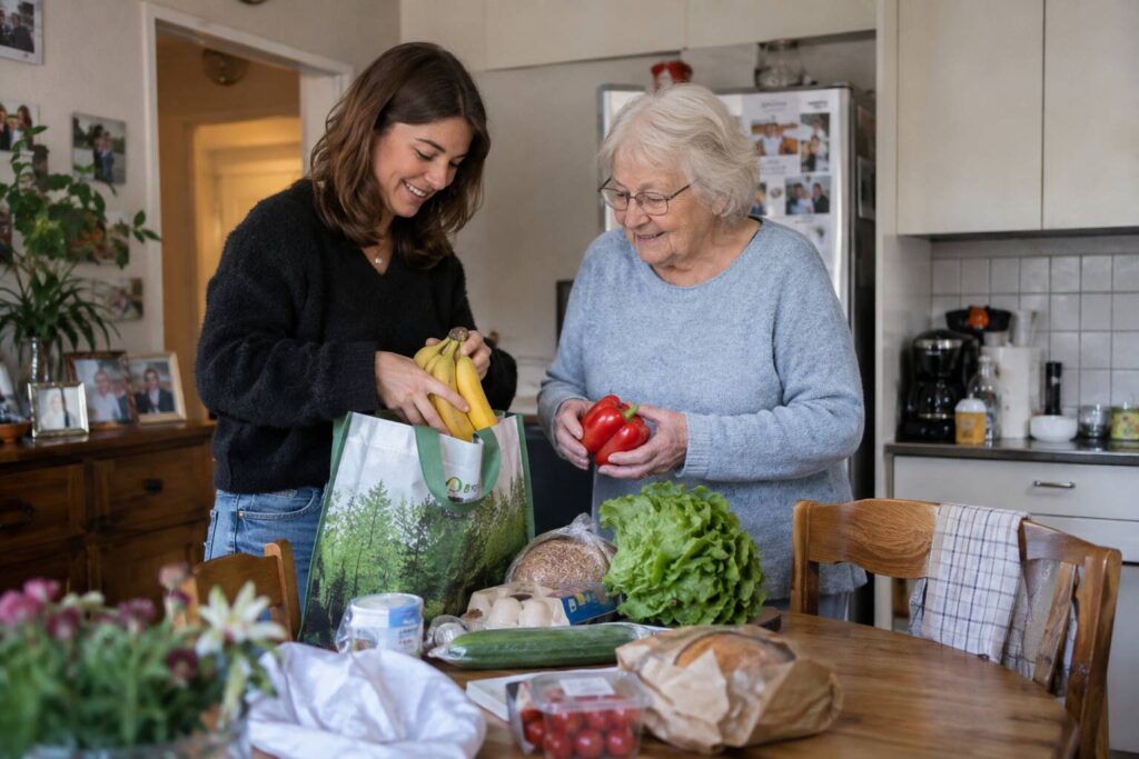 Une personne agée avec une femme qui l'aide à ranger les courses